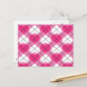 Postal Corazón rosa y blanco - patrón de argyle