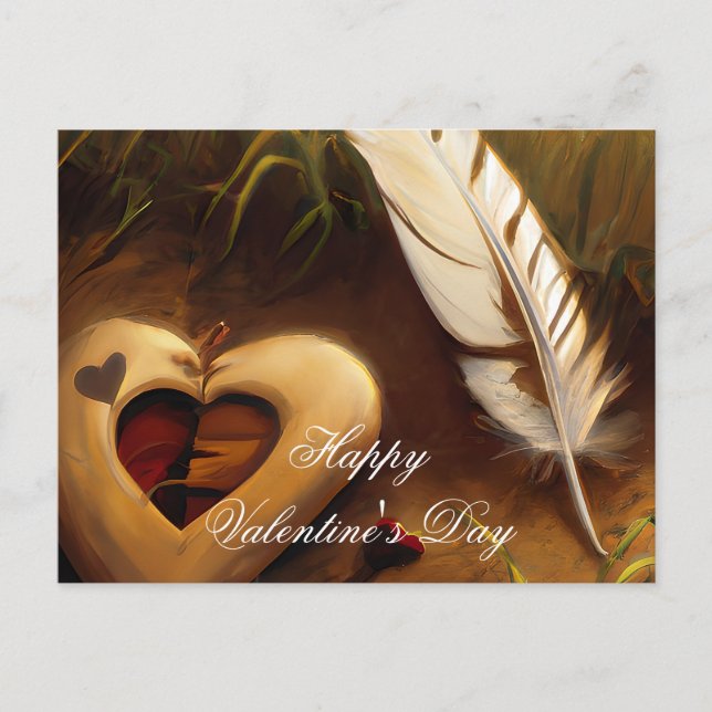 Postal Corazón rústico y valentín de pluma (Anverso)