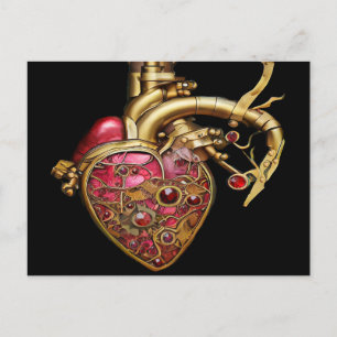 Postal Corazón Steampunk Anatómico Rubíes y Engranajes