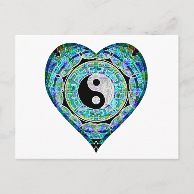 Postal Corazón verde azul Yin Yang (Anverso)