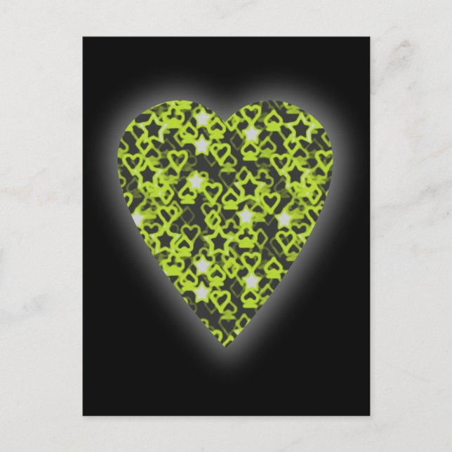 Postal Corazón Verde. Diseño de Corazón con Patrones. (Anverso)