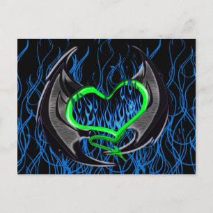 Postal Corazón verde inflamante con alas de murciélago