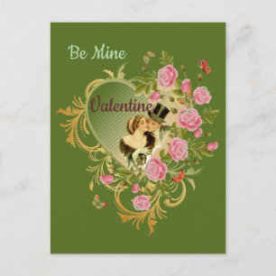 Postal Corazón y flores de la pareja victoriana Vintage V