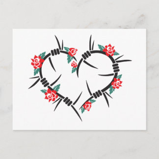 Postal corazón y rosas de alambre de púas