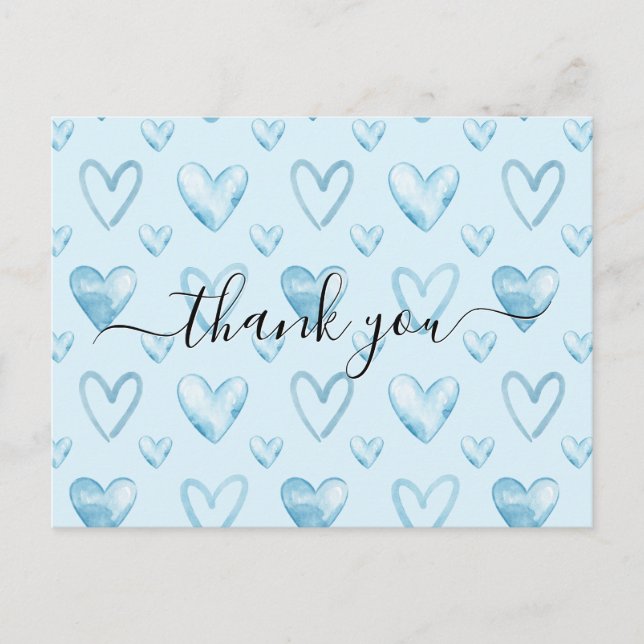 Postal Corazones acuarelas Baby Blue Baby Shower Gracias (Anverso)
