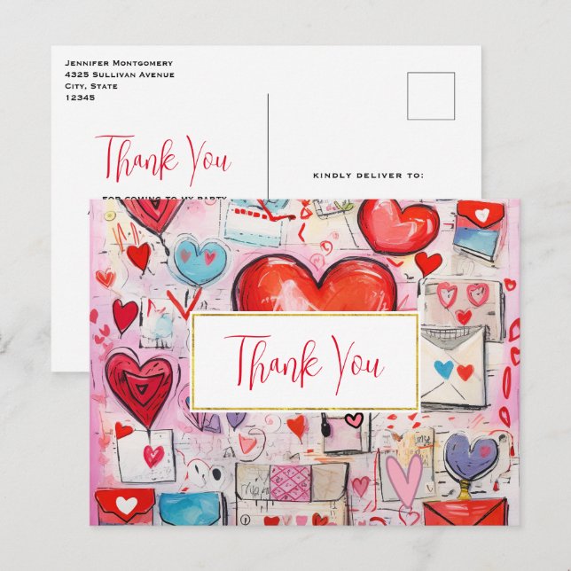 Postal Corazones caprichosos y cartas de amor gracias (Anverso / Reverso)
