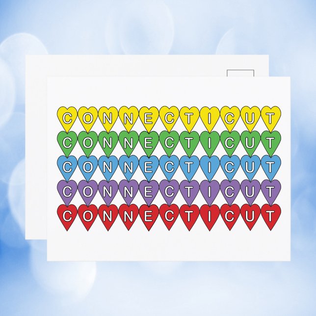 Postal Corazones coloridos de Connecticut (A cute postcard with a colorful heart pattern and the word Connecticut)