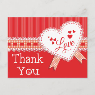 Postal Corazones de agradecimiento rojos y blancos, encaj