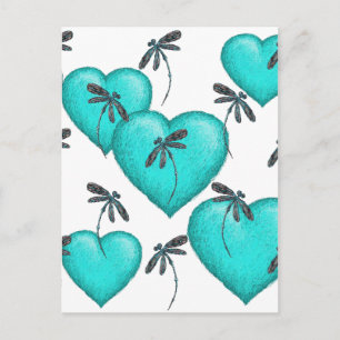 Postal Corazones de amor y libélulas turquesa