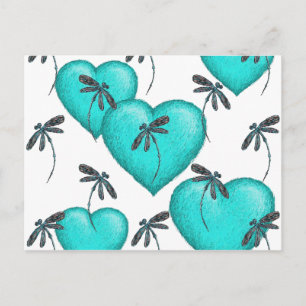 Postal Corazones de Amor y Libélulas Turquesa