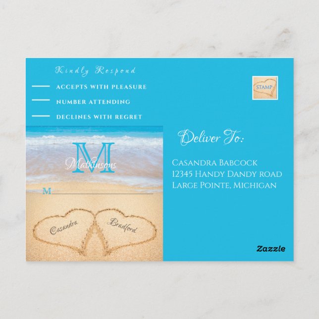 Postal Corazones de bodas en la arena RSVP (Reverso)