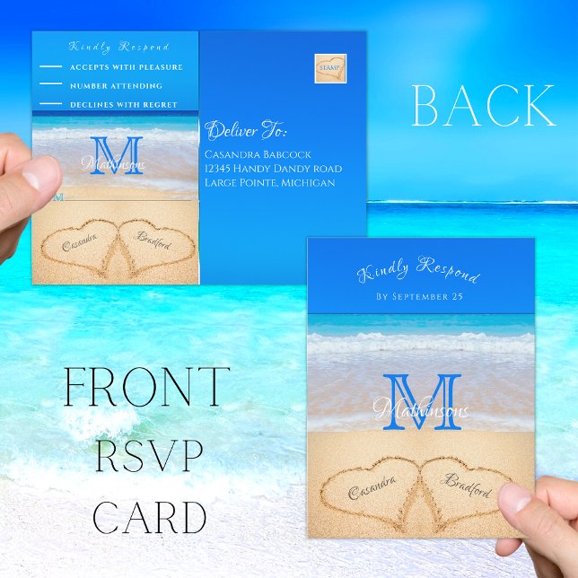 Postal Corazones de bodas en la arena RSVP (Subido por el creador)