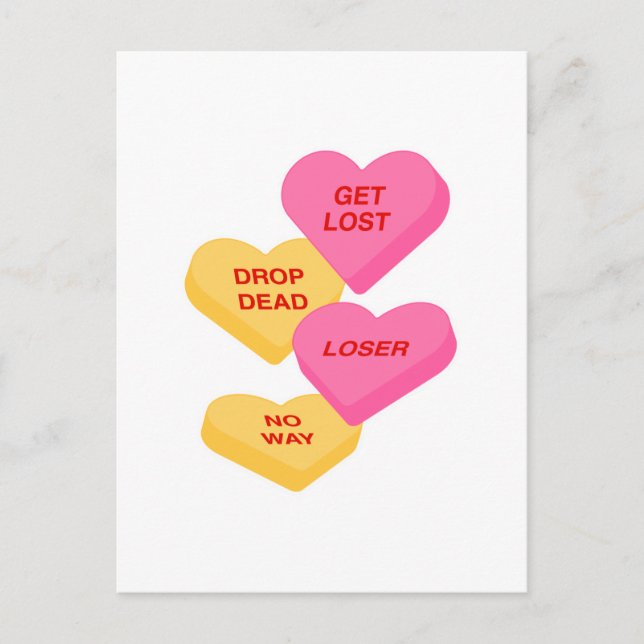Postal corazones de caramelo anti San Valentín (Anverso)