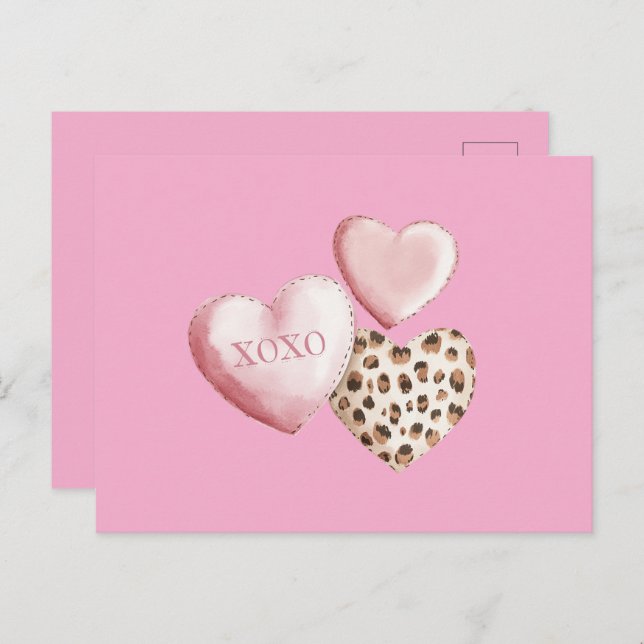 Postal Corazones de impresión de leopardo de XOXO rosado (Anverso / Reverso)
