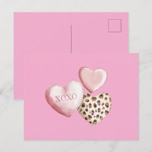 Postal Corazones de impresión de leopardo de XOXO rosado