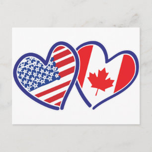 Postal Corazones de la bandera de Canadá y Estados Unidos