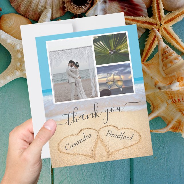 Postal Corazones de playa tropical en arena Boda Gracias (Subido por el creador)