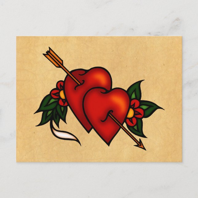 Postal Corazones de tatuaje con flecha (Anverso)
