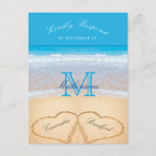 Postal Corazones en la playa de arena Wedding Blue RSVP