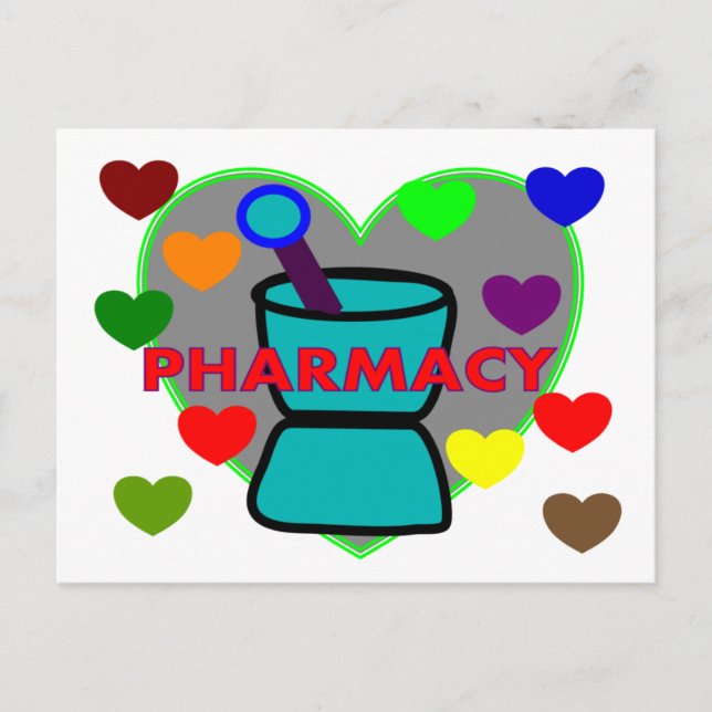 Postal Corazones multicolor "FARMACIA" (Anverso)