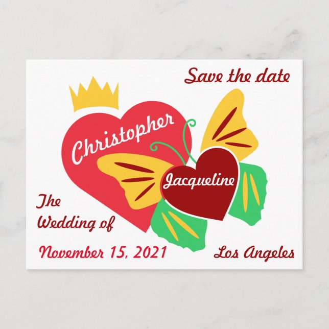 Postal Corazones Rojos, Mariposa Save The Date (Anverso)
