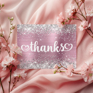 Postal Corazones Rosa Claro Brillo Plateado Gracias Sweet