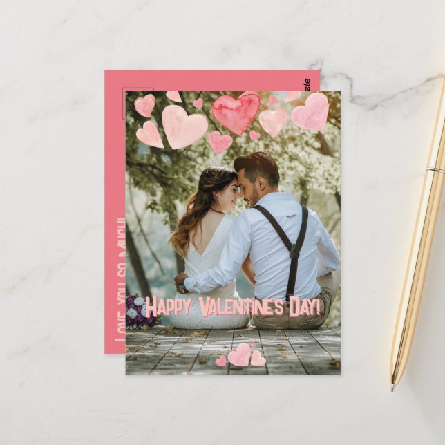 Postal Corazones rosados de San Valentín superpuesta Añad (Anverso/Reverso In Situ)