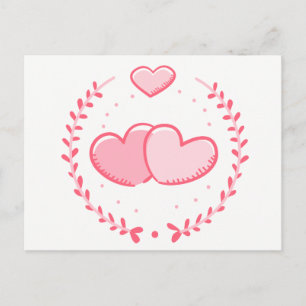 Postal Corazones rosados florales Corona de laurel Boda d