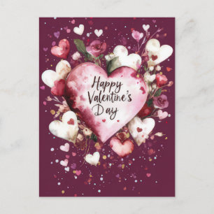 Postal Corazones rosados oscuros y rosas saludo de San Va