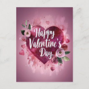 Postal Corazones rosados oscuros y rosas saludo de San Va