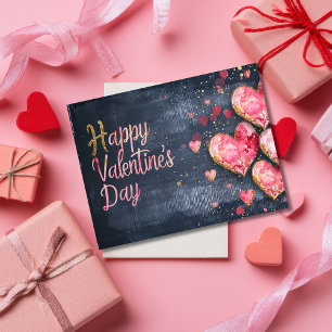 Postal Corazones rosados y dorados en tierra oscura de Sa