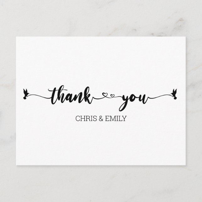 Postal Corazones simples y caligrafía de aves gracias (Anverso)