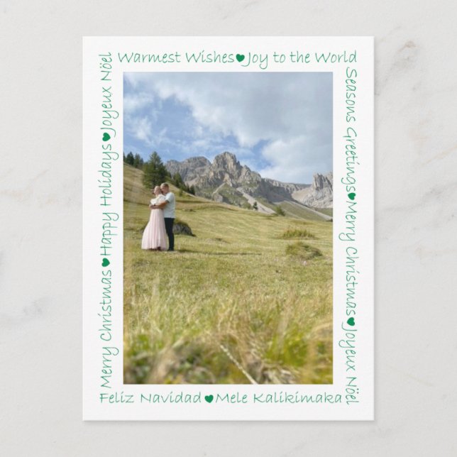 Postal Corazones verdes y palabras navideñas rusticas 2 f (Anverso)