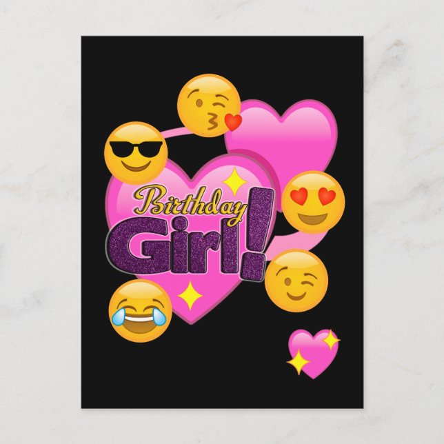 Postal Corazones y Emojis Chica de cumpleaños (Anverso)