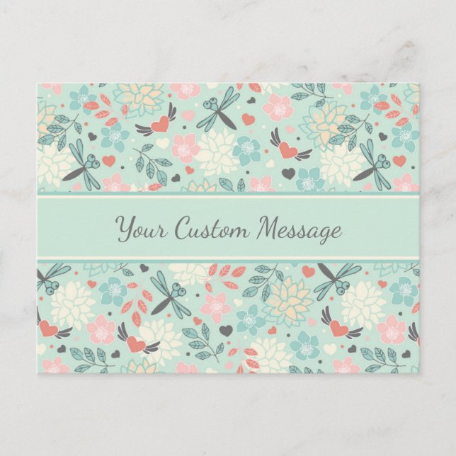 Postal Corazones y libélulas Bonito Floral (Anverso)