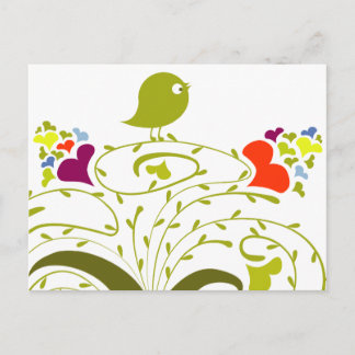 Postal Corazones Y Pájaros En Un Árbol Cuto
