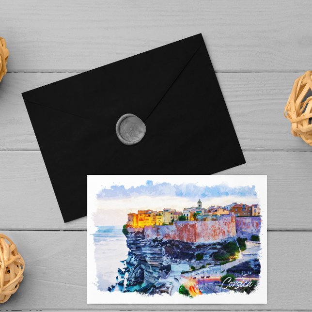 Postal Córcega Mediterránea Francia Elegante acuarela (corsica Beaches architecture postcard)