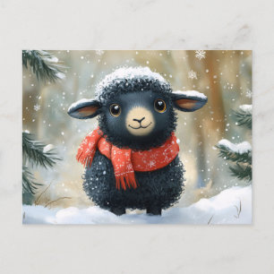 Postal Cordero negro adorable con bufanda roja