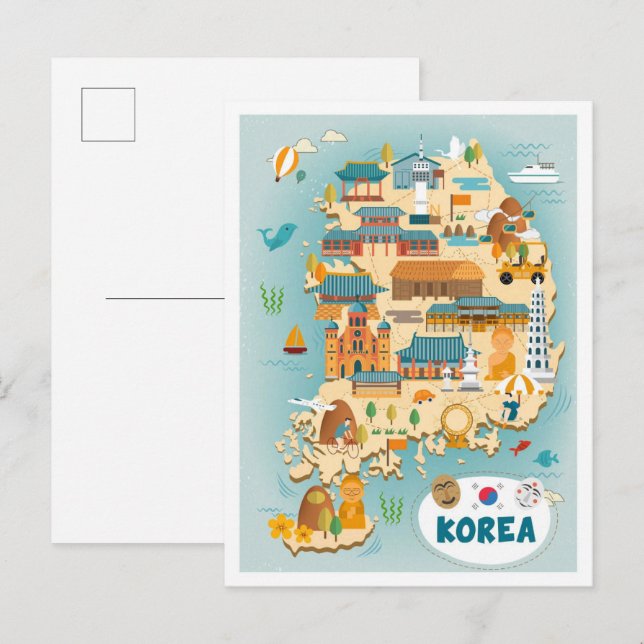 Postal Corea del Sur Mapa Ilustracion de viajes de arte (Anverso / Reverso)
