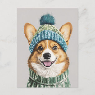 Postal Corgi acogedor en el engranaje de invierno
