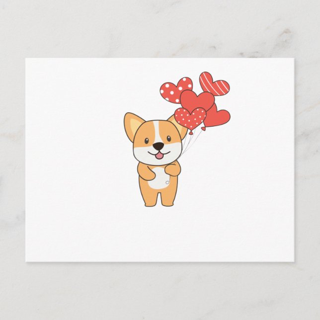 Postal Corgi Cute Animales Con Globos Cardíacos A (Anverso)