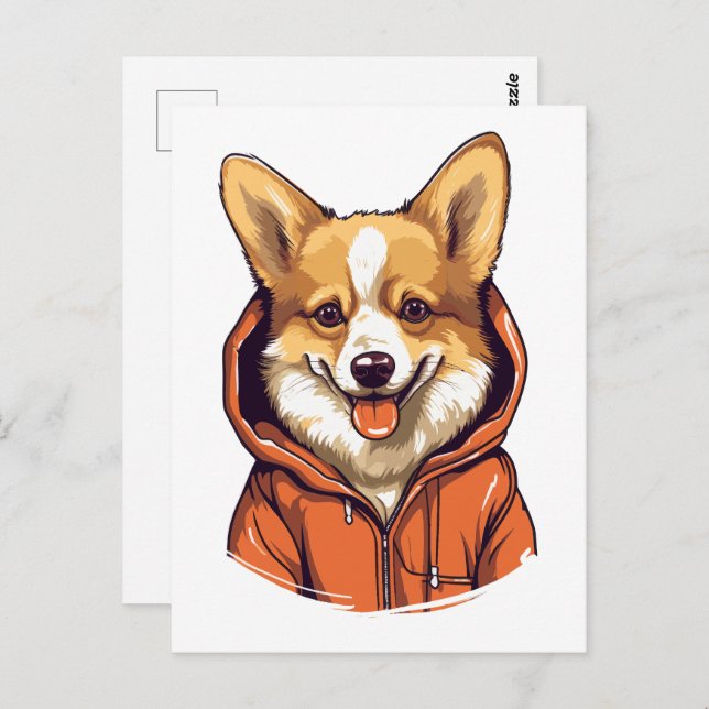 Postal Corgi Divertido Usando Sudadera con Capucha (Anverso / Reverso)
