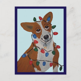 Postal Corgi enredado en luces de Navidad
