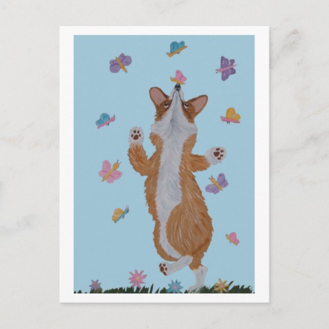 Postal Corgi galés bailando con mariposas (Anverso)