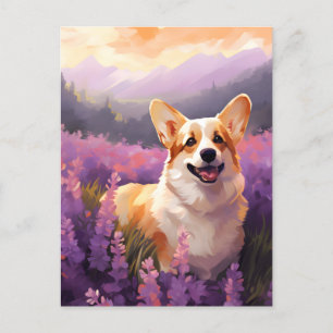 Postal Corgi galés en el campo de Lavender
