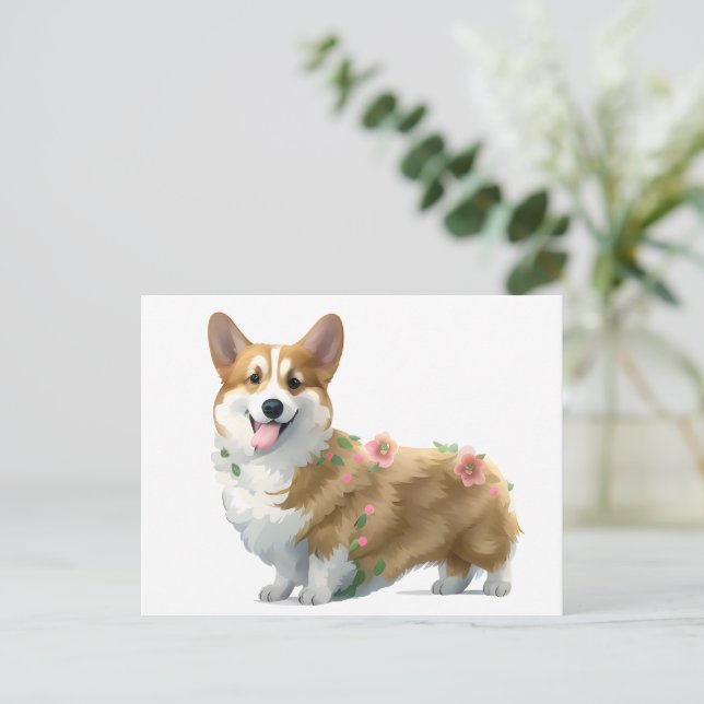 Postal Corgi Naranja lindo para un ánimo positivo (Anverso de pie)
