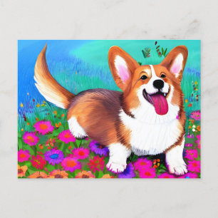 Postal Corgi y flores