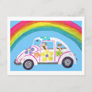 Postal Corgis en un auto hippie en la playa con un arcoír