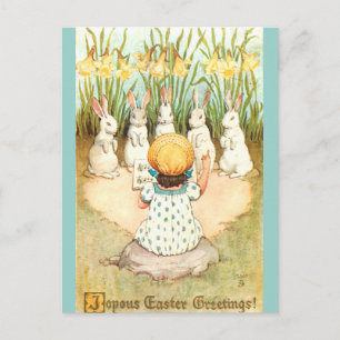Postal Coro de conejos de Pascua vintage y narcisos