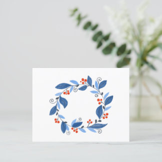 Postal Corona de invierno. Hojas azules y bayas rojas